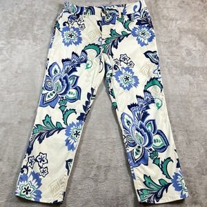 Chico's So Lifting Cropped Jeans FLORA White Blue Paisley Print Size 6